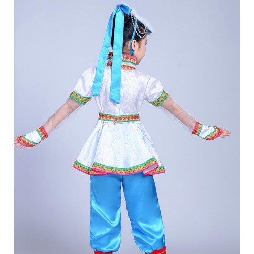 Kids ancient Chinese folk dance costumes for girls children  white Mongolian stage performance competition drama film cosplay dancing dresses